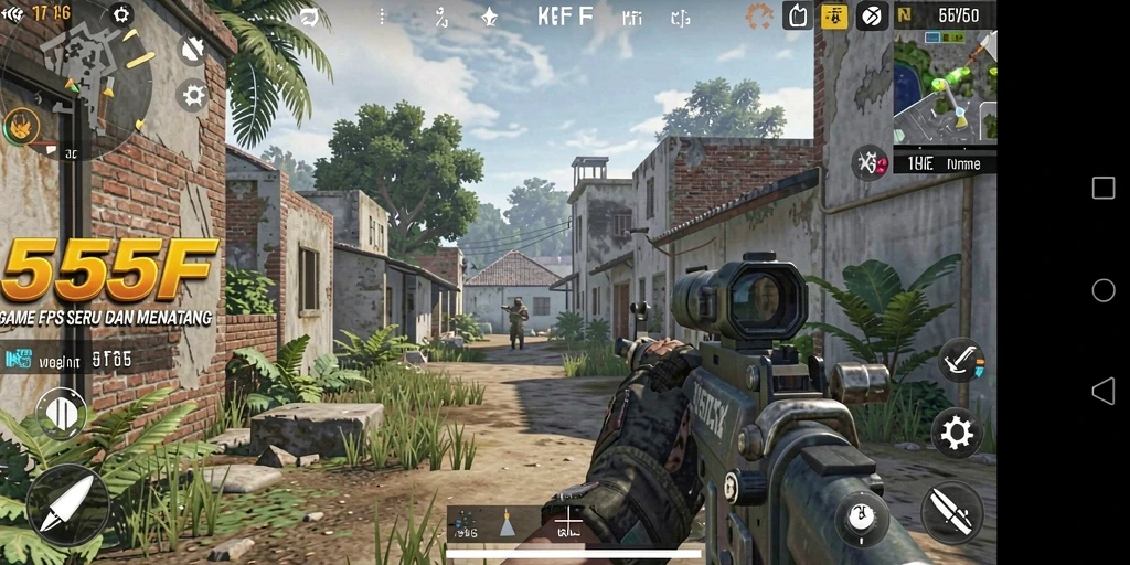 Screenshot menunjukkan aksi menegangkan dalam gameplay FPS 555F.