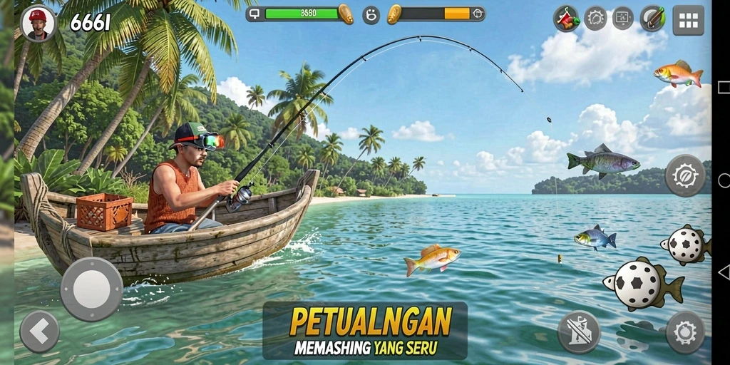Screenshot gameplay 666I menampilkan suasana memancing yang menakjubkan.