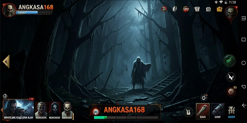 Screenshot gameplay ANGKASA168 menunjukkan suasana horor yang mendalam.