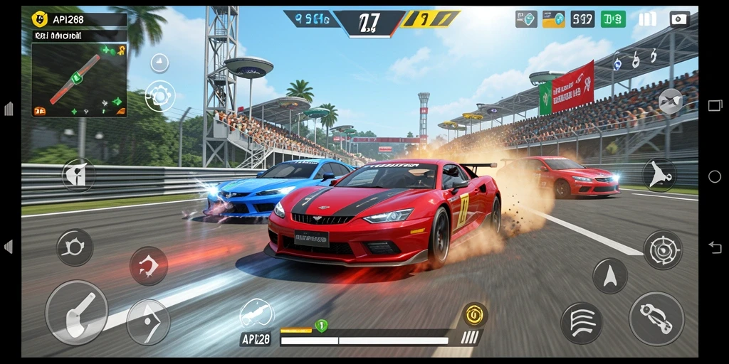 Gameplay mendebarkan dari API288 dengan mobil balap yang sedang melaju.