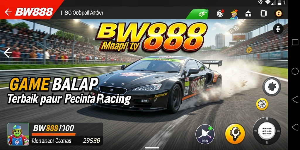 Screenshot gameplay BW888 menampilkan mobil balap melaju kencang di trek.