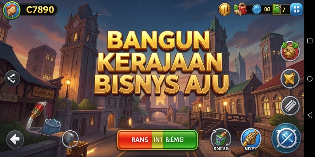 Gameplay C7890 menampilkan strategi membangun kerajaan bisnis.