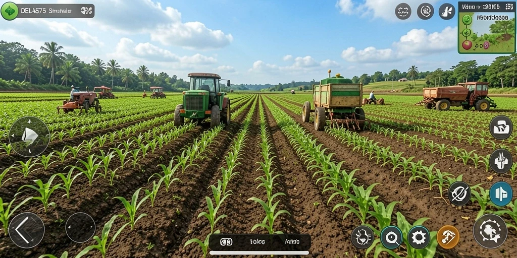 Screenshot gameplay DELTA575 menampilkan ladang hijau dan tanaman yang tumbuh subur.