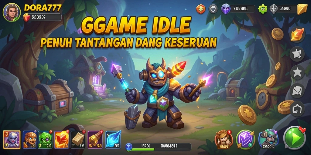 Gameplay DORA77 yang menampilkan pengumpulan sumber daya dan pembangunan.
