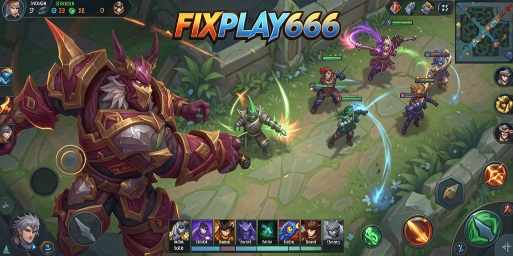 Screenshot utama gameplay FIXPLAY666 yang menunjukkan pertarungan seru antar karakter MOBA.