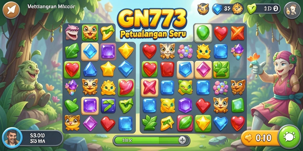 Tangkapan layar utama gameplay GN777 Match-3 yang penuh warna.
