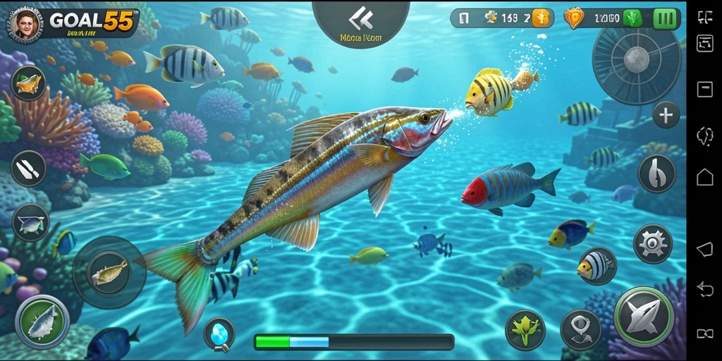 Screenshot GOAL55 menampilkan aksi seru menembak ikan.