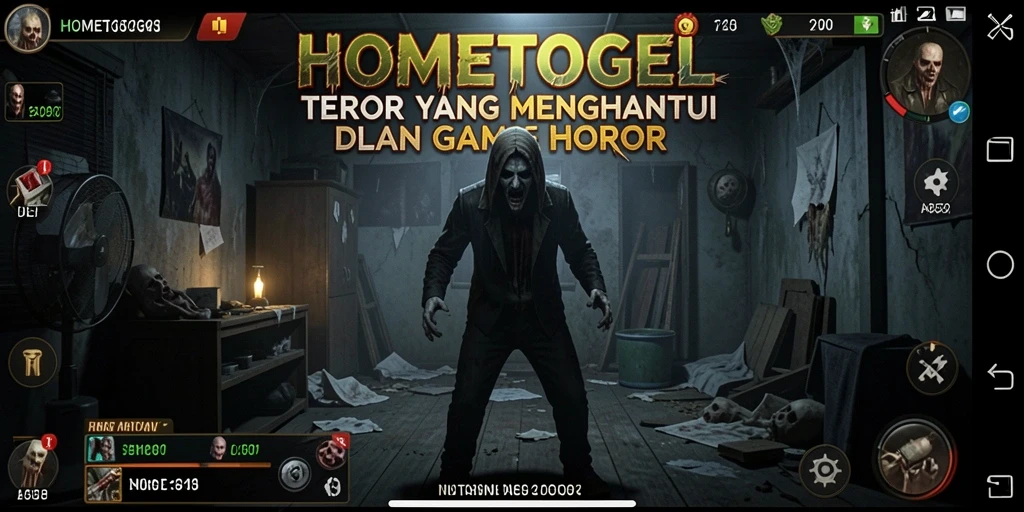 Screenshot HOMETOGEL menampilkan gameplay horor yang mencekam.