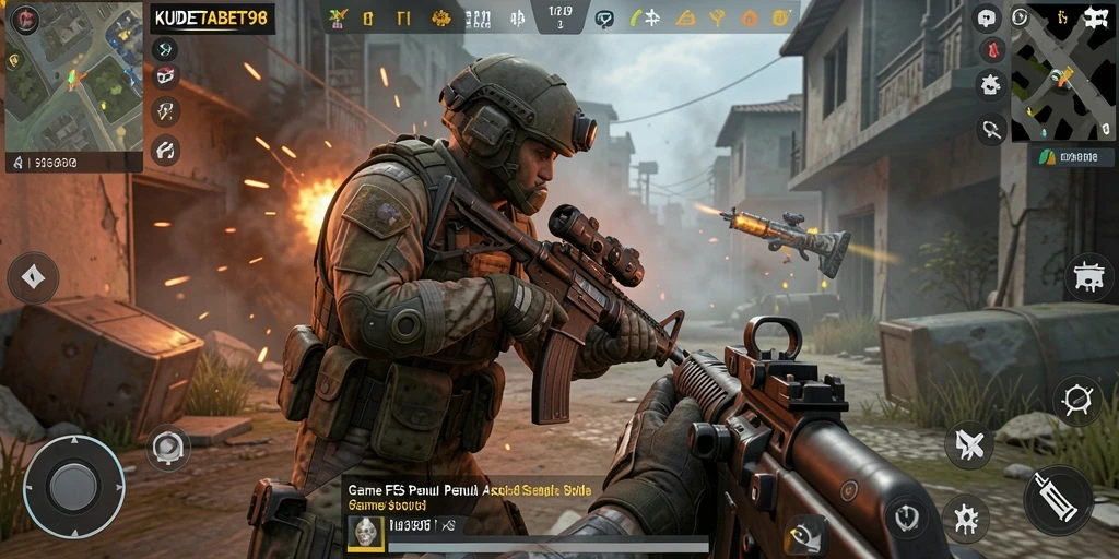 Screenshot utama KUDETABET98 yang menampilkan aksi gameplay FPS yang intens.