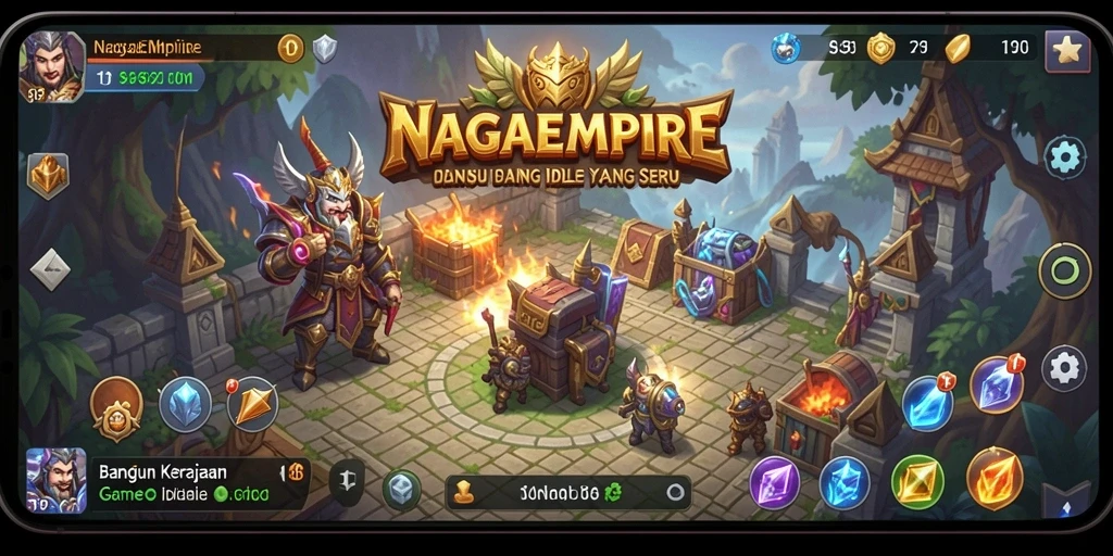 Screenshot dari gameplay NAGAEMPIRE menampilkan aksi mengelola kerajaan dalam gaya Idle.