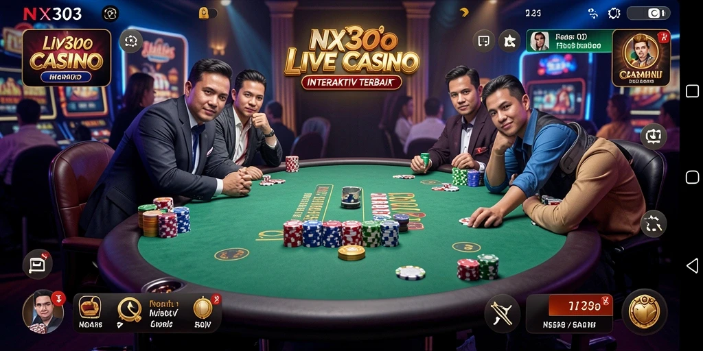 Screenshot gameplay NX303 menampilkan dealer profesional dalam suasana kasino langsung.