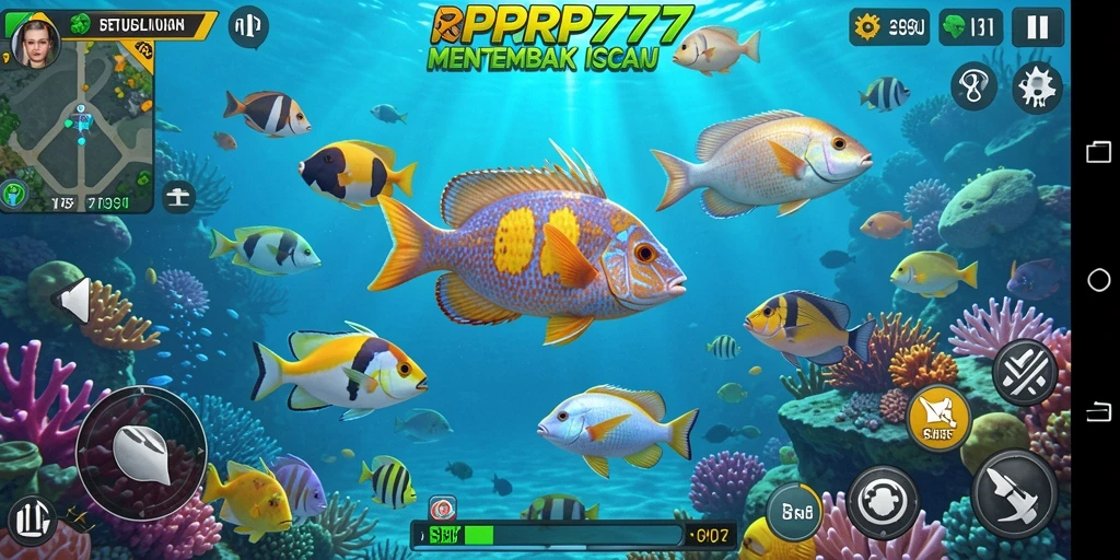 Screenshot utama RPRP777 menampilkan aksi seru menembak ikan di lautan.