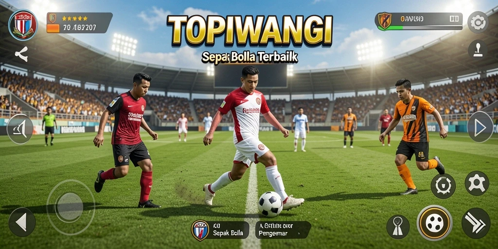 Screenshot gameplay menunjukkan aksi seru di lapangan sepak bola.